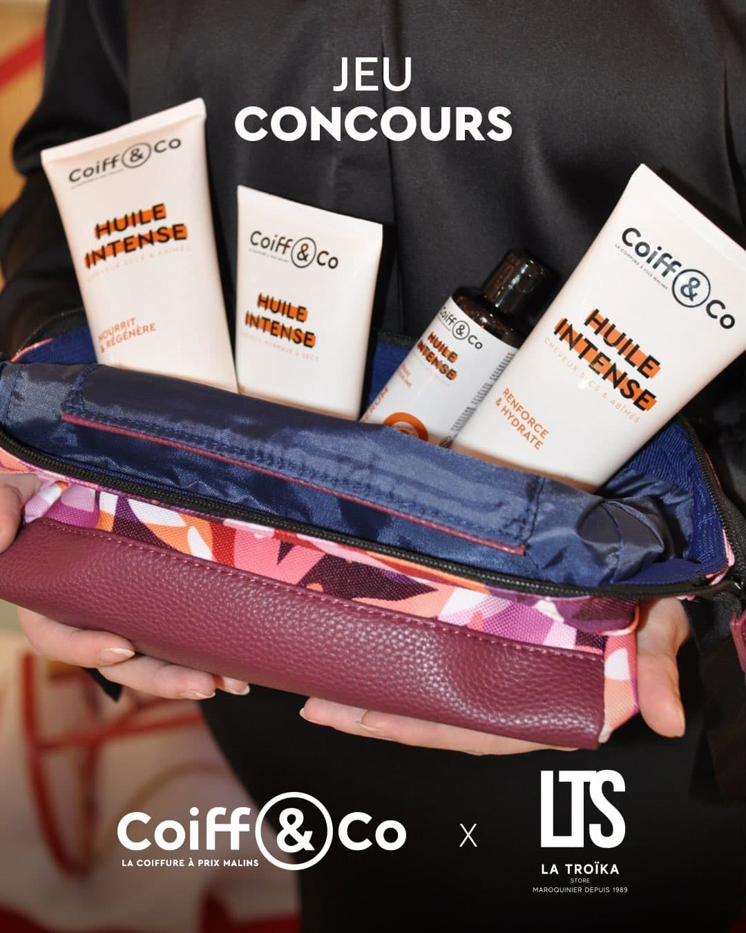 JEU CONCOURS x LA TROÏKA STORE🎄
Coiff & Co et La Troïka Store s’associent pour vous gâter ✨ 

✨ Le lot à remporter :

🌟 Chez @latroikastore : Une magnifique trousse de toilette Cabaïa qui vous accompagnera lors de vos voyages. 

🌟 Chez @coiffandco :  Une gamme complète de produits Huile Intense : shampooing, soin, crème lissante et sérum✨

Pour participer :

1️⃣ Suivre @coiffandco et @latroikastore
2️⃣ Inviter des ami(e)s en commentaire
(1 commentaire = 1 participation)
3️⃣ Augmenter vos chances en repartageant le concours en story ✨

📍 Concours ouvert à la France métropolitaine et à la Belgique.
🎉 Tirage au sort le 18 décembre.

⭐ Bonne chance à toutes et à tous ⭐